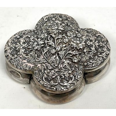 Small Sterling Silver Repousse Hinged Box. Floral decorated. Dimensions: Height: 2.5 inches