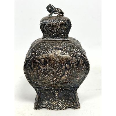 Repousse Lidded Jar Vessel. Figural design. Marks including R below Crown. Tests Sterling. 7.84