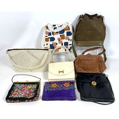Collection 8 Vintage Designer Handbags. HENRI BENDEL, KORET Ostrich Skin, CHARLES JOURDAN Paris