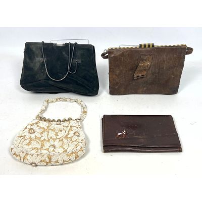 Collection of 4 Vintage and Antique Purses. 1) Leather Clutch with Silver and Yellow enamel