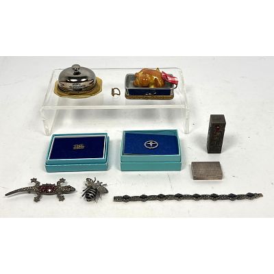 9pcs Vintage Lot. 800 silver lipstick, Marcasite, English silver box, Tiffany tie tacks, Limoges bo