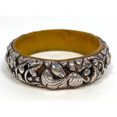 Silver over Bakelite Bangle Bracelet. Dimensions: Height: 1 inches, Width: 3.25 inches, Depth:
