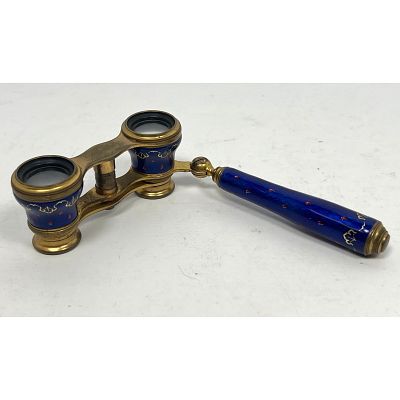 French Enamel and Brass Opera glasses with Handle. Dimensions: Height: 5.25 inches, Width: 4