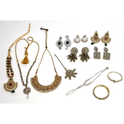 12pc Vintage Costume Jewelry. Most in the Maharaja ornate style. 4 Necklaces, 5pr earrings. 2