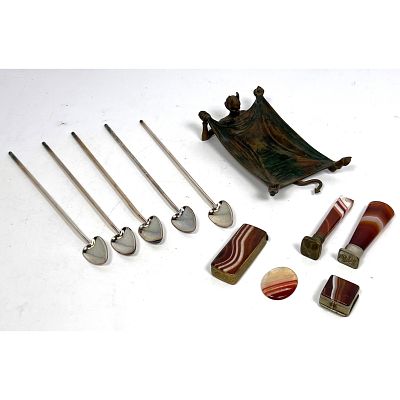 Mixed Lot. Bronze figural demon ashtray. Banded agate pieces inc. Match Case. two Wax Seals