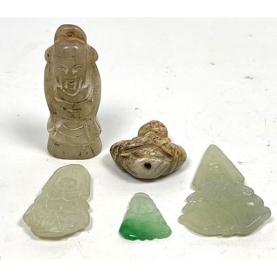 5pc Asian Carved Stone Pieces. Figural carving of man Pendant. Other carved stone pieces; some