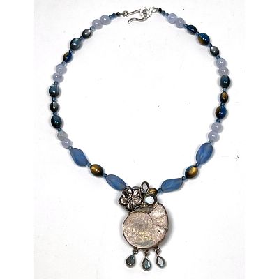 Ammonite Pendant on Stone and Glass bead Necklace. Studio Hand Made. Dimensions: Height: 20