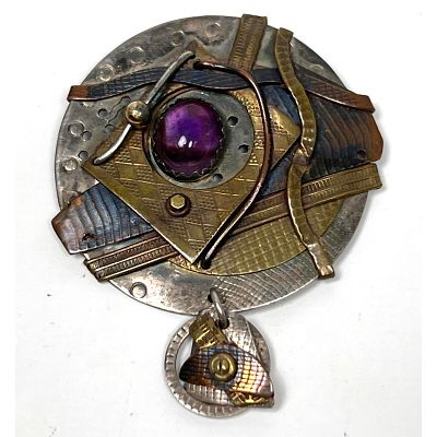 Studio Hand Made Mixed Metal, Amethyst Pin Brooch Signed ROCHELLE ???? Dimensions: Height: 2.5