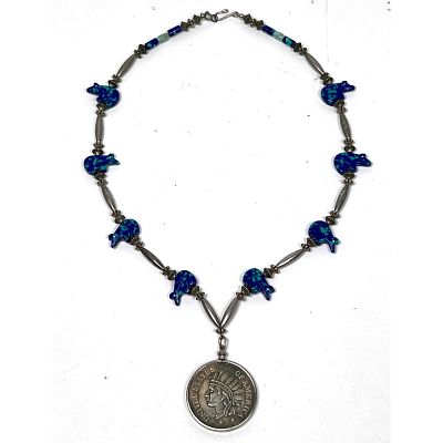 USA $1 1851 Coin Necklace. Indian Head. Bead necklace with silver ovoid beads and azurite fish