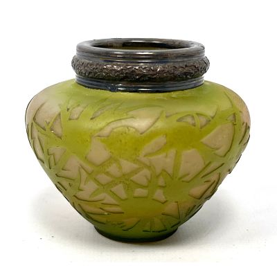 EMILE GALLE French Cameo Glass Miniature Cabinet Vase. Sterling Silver Rim. Thistle motif.