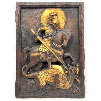 Polychrome Carved wood Panel of St George Slaying the Dragon. Dimensions: Height: 15.75 inches