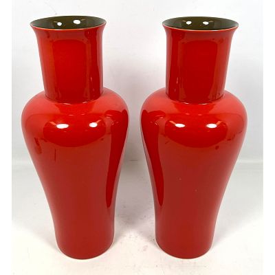 Pair of MK Bo Jia contemporary Red glazed Chinese baluster vases, signed : MK Bo Jia and with