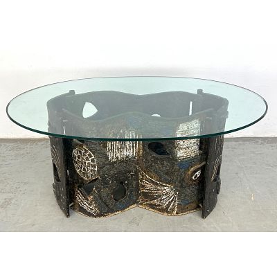 Mid Century Olin Lansing Russum Studio Pottery Glazed Earthenware Glass Top Coffee Table. 