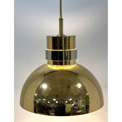 Karl Springer Style Brass and Chrome Pendant Lamp Chandelier. Dome shade. Dimensions: Height: 