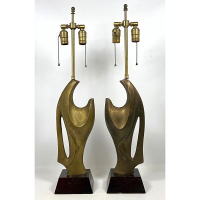 Pair Brass Sculptural Table Lamps. Modernist form with wood bases. The form is similar to 