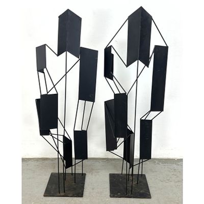 2pc Black Modernist Metal Sculptures. Black upright rods support Flat and Angled Metal Panels. 