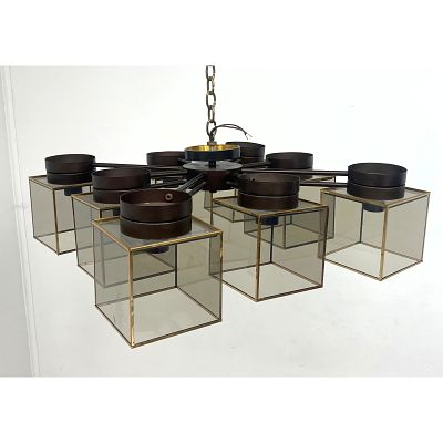 Large Modernist 9 Cube Shade Chandelier. Circa 1970's Cubic ceiling flush mount chandelier. 