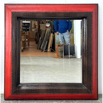 HOWARD ELLIOT Faux Reptile Skin Square Wall Mirror. Multi layer frame consists of red faux 