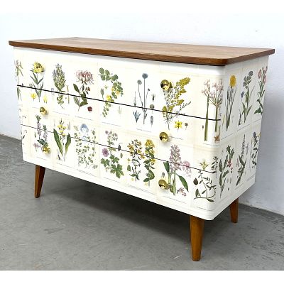 3 Drawer Swedish Flora Chest Dresser. Applied Floral Lithographs. Dimensions: Height: 27.5 