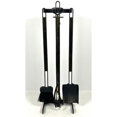 Vintage Mid Century Modern brass and iron fireplace tools. Iron with inset brass panels. 