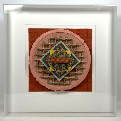 Betsy Rogge Miraglia 1990 Mixed Media Framed Wall Art Sculpture. Deep acrylic box frame. 