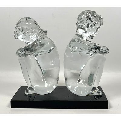 LOREDANO ROSIN Murano Clear Glass Sculpture. Kneeling Figures. Italian Sculpture. Signed. 