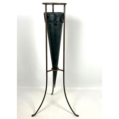 Tall Cone form Metal Sculpture/Vase In Tripod Base Iron Stand. Contemporary. Dimensions: 
