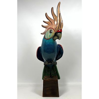 Vintage Bustamante Style Painted Papier-Mache Cockatoo, Mexico. Wood base. Dimensions: Height: 