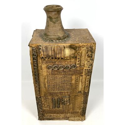 21" Brutalist Pottery Vessel. Large Rectangular form. All sides are rich with applied and 