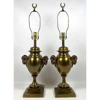 Pr Brass Classical style Brass Table Lamps. Figural Rams Heads Handles. Dimensions: Height: 33 