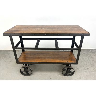 Industrial Wood and Steel Rolling Cart. Two Wood Levels. Metal Frame rolls on Casters. 