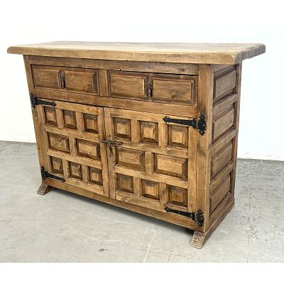 Rustic Paneled Door Continental Sideboard Server. Plank style top. Large Iron Strap Hinges. 