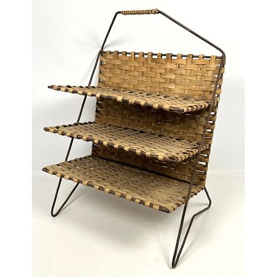 French Rattan and Iron 3 Tier Magazine Stand. Wrapped handle. Dimensions: Height: 24 inches 