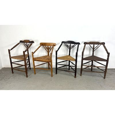 4pcs Continental Triangular Corner Chairs. Triangular Rush Seats. Three Leg Chairs with double 