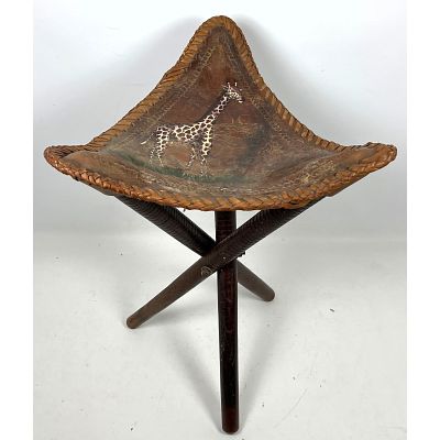 African style Tripod Folding Stool with Painted Leather Seat. Giraffe. Dimensions: Height: 22.5 