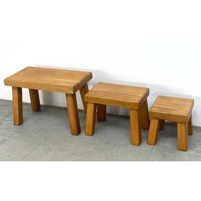 3pcs Dutch Oak Solid Stools. Graduated. Dimensions: Height: 14.5 inches, Width: 22 inches 