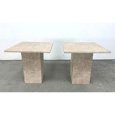 Pr Travertine Marble Side End Tables. Modernist Incised Grid Pattern. Pedestal Bases. 