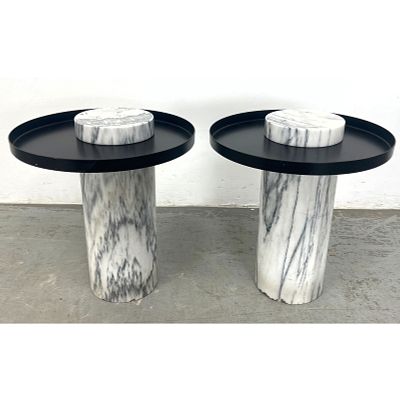 Pr SEBASTIAN HERKNER Marble Gueridon End Tables. Thick White Marble Columns support Black 