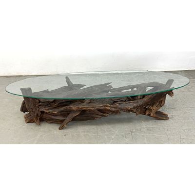 Assembled Natural Driftwood Base Coffee Table. Elliptical Glass Top. Driftwood has been painted 