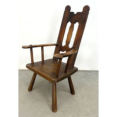 Antique Dutch Primitive Armchair. Tall shaped Back. Dimensions: Height: 43 inches, Width: 25.5 
