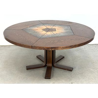 Round Dark Oak Coffee Table. 10 Inset Glazed Pottery Tiles set in 5 sided design. Signed MK. 