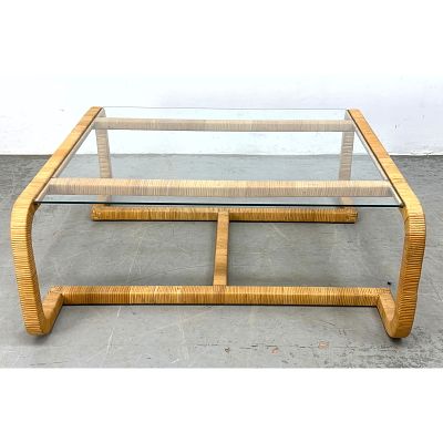 Large Vintage Rattan Wrapped Bentwood Frame Glass Top Coffee Table. Mid Century Modern 