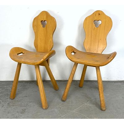Pr Blond Wood French Chalet Chairs. Shaped Backs with cloverleaf cut outs. Bowed Seats have 