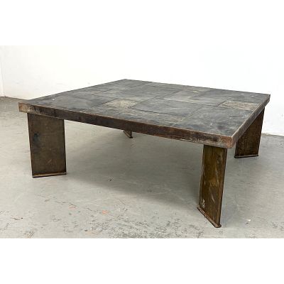 Heavy Dutch Iron and Slate Coffee Table. Brutalist. Dimensions: Height: 14 inches, Width: 38.25 