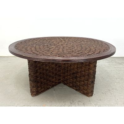 French woven Rush Coffee Table. Dimensions: Height: 19 inches, Width: 44 inches, Depth: 44 