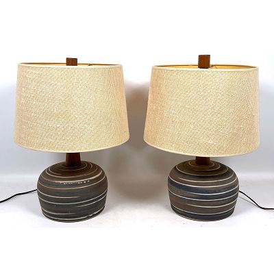 Pr MARTZ for MARSHALL STUDIOS Pottery Lamps. Jane and Gordon Martz. Striped design. Original 