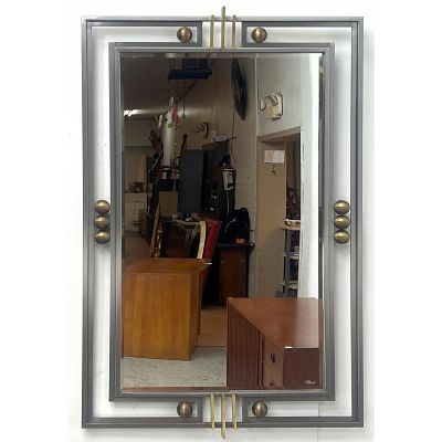 FREDERICK RAMOND Brushed Steel Hollywood Regency Mirror. Brushed Steel Double Frame has Satin 