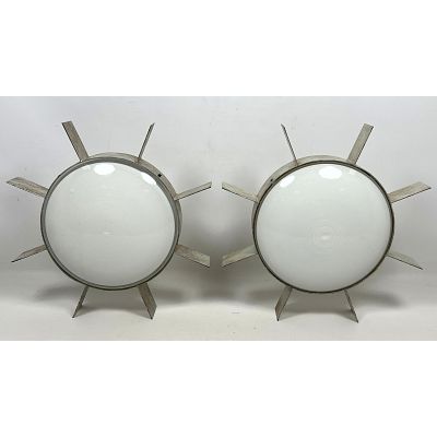 Pr Manner of Gio Ponti Sun Burst Wall Sconces. or Ceiling Mount Lights. Metal and glass. Pr 