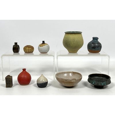 10pc Diminutive Miniature Cabinet Vases Mid Century Glazed Ceramic Studio Pottery. Some signed 