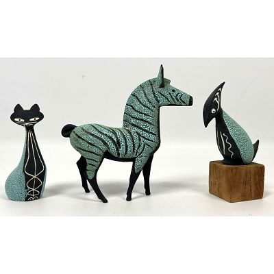 3pc HAGEN RENAKER Black Bisque Line Animals. Zebra, Cat, Woodpecker. Zebra has label. Bird 